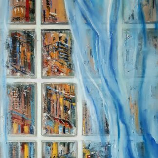 original abstract streetscape painting, now available for sale. This dynamic artwork captures the bustling streets and urban landscapes